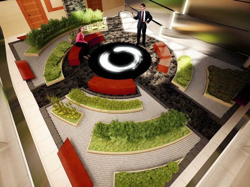 Diseño Interior edificio: lobby, cafetería, audiorio, jardín central